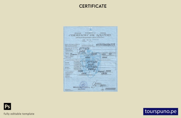 Plantilla de certificado de nacimiento de Rumania lista para imprimir en formato